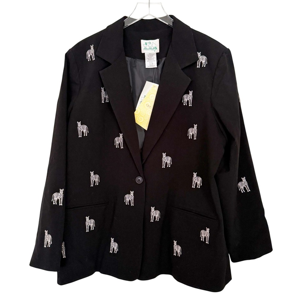 NWT 1X Quackery Factory Black Blazer‎ Zebra Embroidered